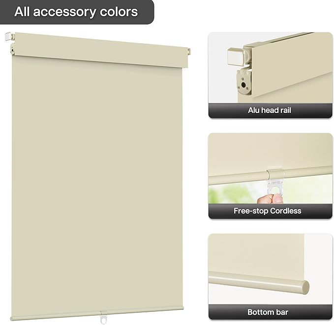 LazBlinds No Drill Blinds for Indoor Windows, Blackout Roller Shades, Cordless Window Blackout Blinds, Thermal Insulated Fabric UV Protection for Home and Office, 35.5" W x 48" H, Beige
