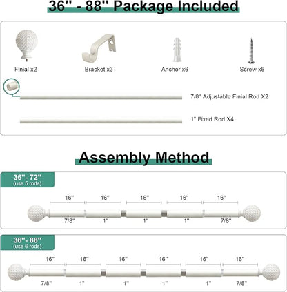 Antique White Ball Curtain Rods for Windows 48 to 84 Inch,1 Inch Heavy Duty Adjustable Curtain Rod,Boho Decorative Drapery Rods Set with Brackets,Size:36''-88''