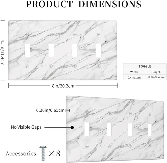 Decorative Light Switch Cover Plate Modern Grey Marble Texture 4 Gang Wall Plates for Electrical Outlets Quad Toggle Switch Plate Covers Outlet Covers Faceplate for Bedroom Home Decor
