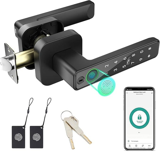 FITNATE Smart Fingerprint Door Lock, Keyless Entry Door Lever with APP, IC Card, Code, Key & Biometric Unlock for Bedroom, Home, Hotel, Office, Apartment
