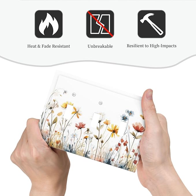 Watercolor Wildflower Colorful Floral Plant Decorative Switch Plates 3 Gang Wall Plate Triple Toggle Light Switch Cover Faceplate Electrical Wall Panels for Bed Room Living Room Decor