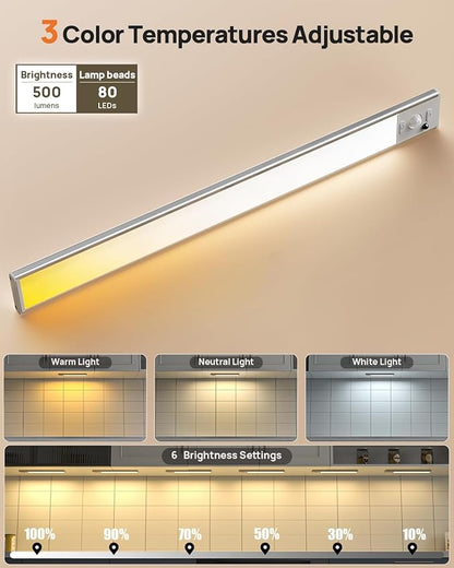Under Cabinet Lights,80 LED Motion Sensor Light Indoor,4000mAh USB Rechargeable Closet Lights with Remote Control,3 Color Temps Wireless Under Counter Lights for Bedroom,Kitchen,Wardrobe,Stair