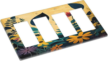 Abstract Minimalist Floral Botanical Boho Flower 4 Gang Wall Plates Outlet Covers Quad Rocker Light Switch Cover Plate Decorative Switch Plates GFCI Electrical Faceplate 4.5 X 8 IN