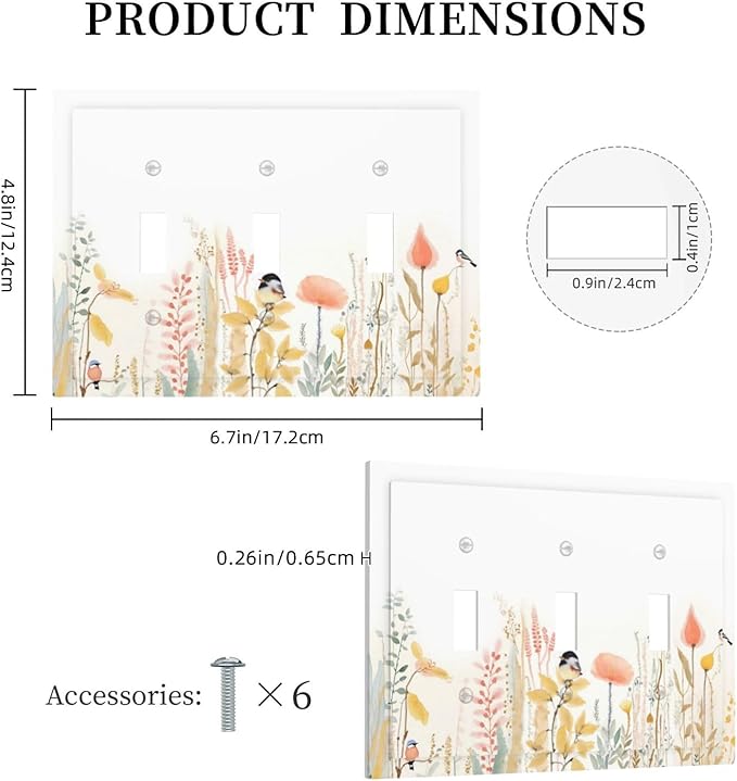 Decorative Switch Plates Colorful Floral Watercolour Cuddly Bird 3 Gang Wall Plate Triple Toggle Light Switch Cover Faceplate Electrical Wall Panels For Bed Room Living Room Decor
