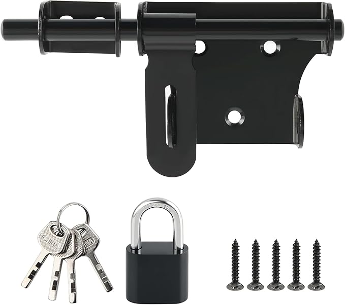 Alise 6 Inch Slide Bolt Gate Latch, Door Lock with Padlock Set, Heavy Duty Stainless Steel Barrel Bolts Safety Door Lock for Wooden Fence, Outdoor Fence,Shed Door Black