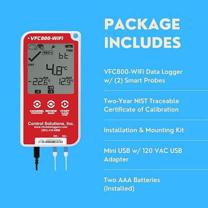 Control Solutions VFC800 Temperature Data Logger (VFC800-WiFi 10Ft Dual Probe)