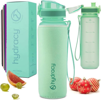 Hydracy Water Bottle with Time Marker -Large BPA Free Water Bottle & No Sweat Sleeve -Leak Proof Gym Bottle with Fruit Infuser Strainer & Times to Drink -Ideal for Fitness Sports & Outdoors