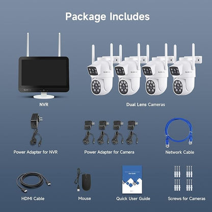 YEEWISE 2K Wi-Fi 6 Wireless Security Camera System with 12" Monitor, Dual Lens WiFi Security Cameras with 360° Pan Tilt & Auto Tracking, 16CH NVR with 1TB HDD, 5G&2.4G WiFi, 24/7 Record,Plug-in Power