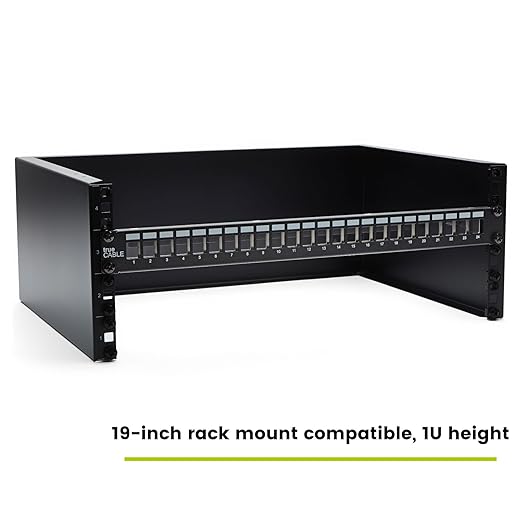 trueCABLE Shielded 24 Port 19” Toolless Modular Patch Panel, Blank, 1U Rack Mount, with Cable Management Bar and Ground Wire, High Density, Black