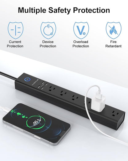 15 Ft Power Strip Surge Protector, 6 Outlets and 4 USB Ports, Flat Plug Power Strips Long Extension Cord with Overload Protection, Wall Mount for Home, Office, Dorm, ETL Listed
