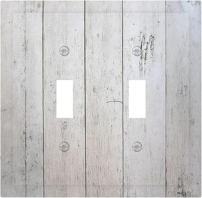 Rustic White Grey Wood Grain Decorative Switch Plates 2 Gang Double Toggle Outlet Light Switch Cover Wall Plate Electrical Faceplate for Bedroom Bathroom Decor
