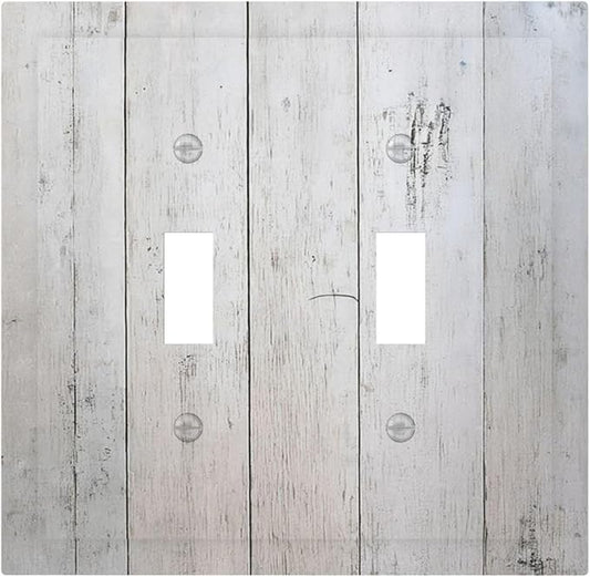 Rustic White Grey Wood Grain Decorative Switch Plates 2 Gang Double Toggle Outlet Light Switch Cover Wall Plate Electrical Faceplate for Bedroom Bathroom Decor