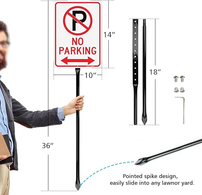 GicnKeuz Large No Parking - 14"x10" No Parking Signs with 36" Heavy Duty Metal Stakes, .040 Aluminum Reflective Signs, Fade Resistant/Waterproof, Including Screws, Easy to Install, Outdoor Use (2 Pack)