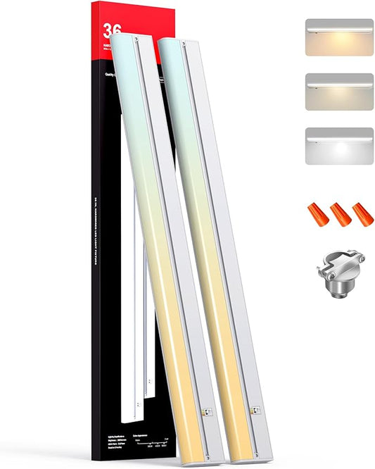 Hardwired Under Cabinet Lighting 36 Inch, 3 Color Settings - Soft White(3000K), Bright White(4000K), Daylight White(5000K), 2 Pack Linkable Dimmable Under Counter Lights for Kitchen, CRI 97