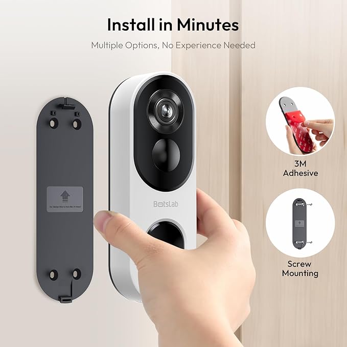 BOTSLAB 2K Doorbell Camera Wireless, 180° Head-to-Toe View, No Monthly Fee, Video Doorbell with 2-Way Audio, Human Detection, 5200mAh Battery, 2.4Ghz WiFi