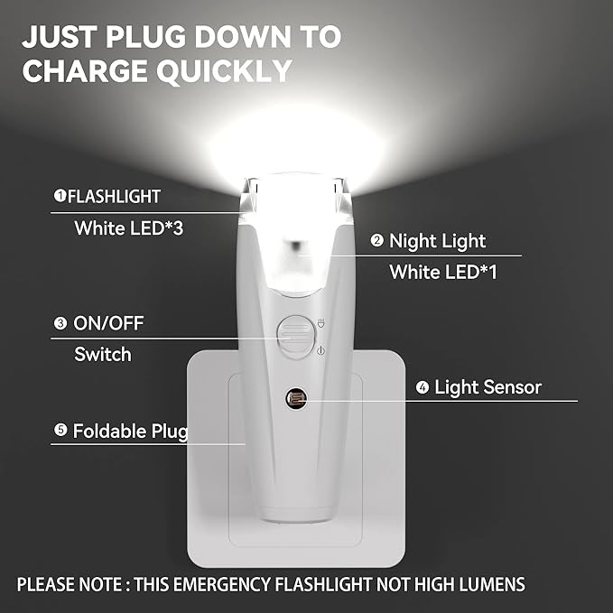 3-in-1 Rechargeable Emergency Flashlight, Plug in Power Failure LED Light for Home, Plug in Flashlights for Home Power Failure, Hurricane Supplies, Survival Kits, Emergencies Lights 5 Packs