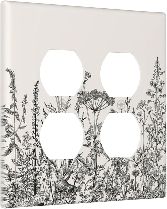 Decorative Outlet Covers Beige Skech Plant Leaves Flowers 2 Gang Wall Plate Cover Double Duplex Receptacle Two Switch Light Switch Cover Plate Jumbo Dual Faceplate for Home Decor