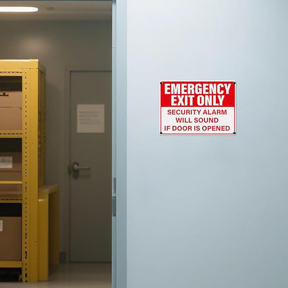 2 Pack Emergency Exit Only - Security Alarm Will Sound If Door Is Opened Sign 10 × 7 Inches Reflective Waterproof Aluminum Safety Signage with Pre-Drilled Holes for Workplace Warehouse