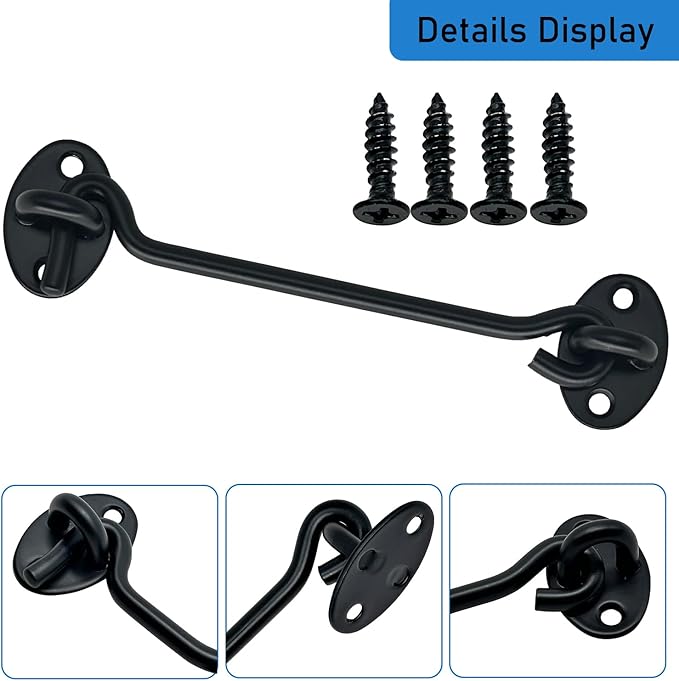 4 Pack 6" Hook and Eye Gate Latch, Stainless Steel Rust-Resistant Barn Door Lock Cabin Hooks for Gate Shutters Window Slide Barn Shed Cabinet Bathroom, with 16pcs Screw,Black