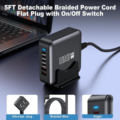 USB C Fast Charger Block, 120W 6-Port Charging Station Hub Adapter, USB C Wall Multi Charger Power Strip Plug with On/Off Switch for iPad iPhone 17 16 15 14 13 12 Pro Max Galaxy S23 (Black)