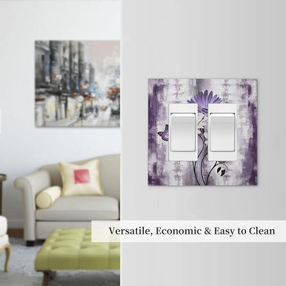 Purple Daisy White Floral Butterfly Flowers Outlet Covers Light Switch Cover Plate 2 Gang Double Rocker Wall Plates Decorative Switch Plates Plug Cover Electrical GFCI Receptacle for Home 4.9 X 5 IN