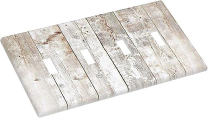 Vintage Light Wood Retro Rustic White Gray Oak Print Light Switch Covers Quad Toggle Electrical Faceplate 4 Gang Wall Plate Decorative Switch Plates Cover for Farmhouse Home Decor