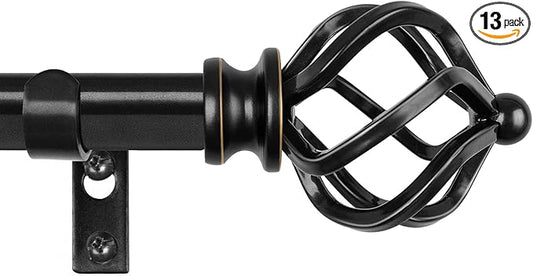 KAMANINA Black Curtain Rods for Windows 48 to 84 Inch, Adjustable Single Curtain Rod 32 to 86 Inch(2.6-7.1ft), 3/4 Inch Splicing Drapery Rods with Twisted Cage Finial