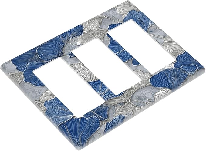 Abstract Blue Marble Plant Leaves 3 Gang Triple Rocker Decorative Light Switch Covers Electrical Faceplate Switch Plates for Bathroom Kitchen Home