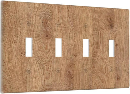Light Switch Covers Vintage Rustic Wood Color Brown Wood Grain Quad Toggle 4 Gang Wall Plate Electrical Faceplate Decorative Switch Plates for Farmhouse Cabin Decor