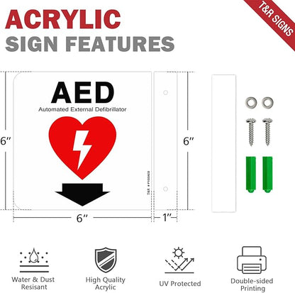 T&R AED Sign, Automated External Defibrillator with Down Arrow - 8 Pack - 6 x 6 Inches Acrylic, 2 pre-drilled holes, Includes Matching Screws, Use for Office/Business