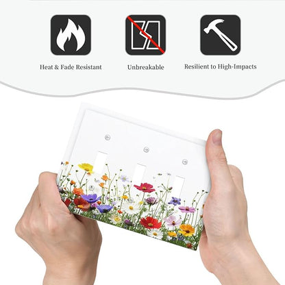 Decorative Switch Plates Colorful Wildflowers Plant Floral Daisy 3 Gang Wall Plate Triple Toggle Light Switch Cover Faceplate Electrical Wall Panels For Bed Room Living Room Decor