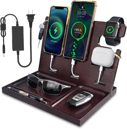 Wood Phone Docking Station for Men Nightstand Organizer Charger with 4 USB PD & QC3.0 Fast Charging Station for Multiple Devices iPhone Samsung Google Android Anniversary Birthday Gifts for Him