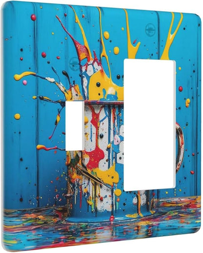 Decorative Outlet Covers Colorful Paint Splatters Blue Wood Plank 2 Gang 1 Gang Wall Plate Cover Single Toggle Rocker Combo Light Switch Cover Plate Face Plate