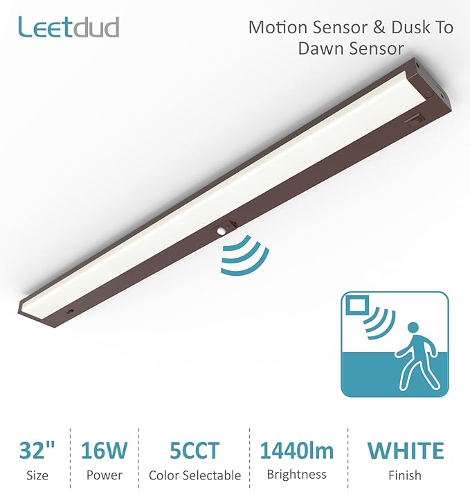 Under Cabinet Lighting Motion Sensor Hardwired, 32 Inch 16W Dimmable, 5 CCT 2700/3000/3500/4000/5000K, Eyes Care Design Linkable Under Counter Lights for Kitchen, Sink, ETL Listed, Bronze