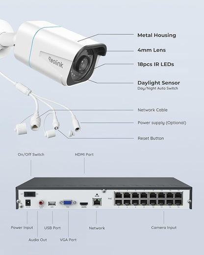REOLINK 4K Security Camera System, RLK16-800B8 8pcs H.265 PoE Wired with Person Vehicle Detection, 8MP/4K 16CH NVR with 4TB HDD for 24-7 Recording