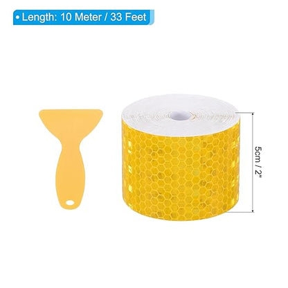 PATIKIL 2 Inch x 33 ft Reflective Tape, 1 Roll Waterproof Self Adhesive High Visibility Caution Warning Safety Tape Reflector with Scraper for Trucks Trailers Cars, Yellow