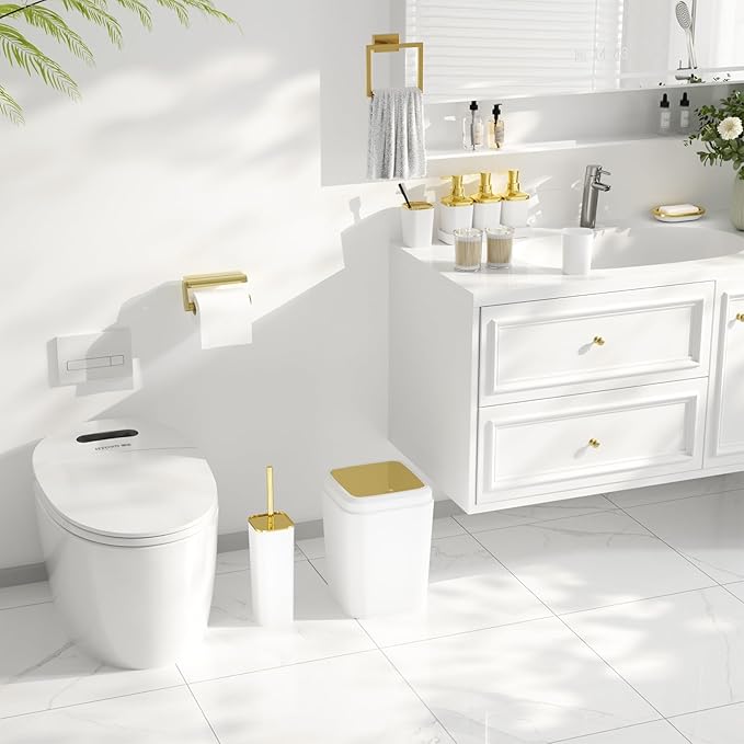 Bathroom Set - Bathroom Sets with Shower Curtain and Rugs, Bathroom Accessory Set, White Bathroom Accessories Set with Trash Can, Toilet Brush and Soap Dispensers