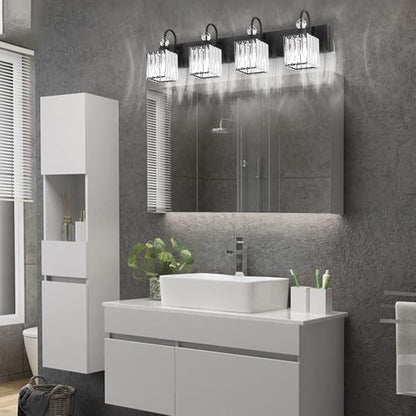 Ralbay Matte Black Crystal Vanity Light 4 Light Modern Crystal Bathroom Lighting Fixtures Over Mirror, Crystal Black Bathroom Vanity Light