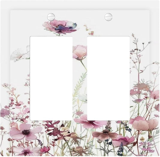 Floral Pink Watercolor Wildflowers Plant Flower Decorative Outlet Covers 2 Gang Double GFCI Rocker Electrical Wall Panels Light Switch Cover Plate for Bedroom Living Room Decor