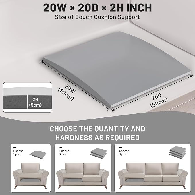 Couch Cushion Support, Sofa Cushion Support for Sagging Couch Seat, 20x20x2in, Couch Replacement Insert, High Density Foam Furniture Seat Sagging Repair, Trapezoid 40D, Grey Set of 1