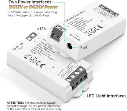 C02RF LED Controller Support PWM 5050SMD COB CCT(+ CW WW) 3pin LED Strip Tunable Color Temperature LED Compatible with WR02RF RC02RF Remote DC5V/DC12V/DC24V Max 12A Indoor Use Only