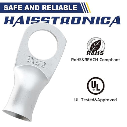 haisstronica 10pcs 1 AWG - 1/2" (M12) Tinned Copper Battery Lugs, Heavy Duty Copper Wire Lugs with 10pcs 3:1 Adhesive Heat Shrink Tubing, 1 Gauge Wire Lugs, Tinned Copper Battery Cable Ends