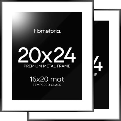 Homeforia 20x24 Picture Frame Black, High End Metal 20x24 Frame Matted to 16x20 Print, 20 x 24 Black Poster Frames with Mat 16 by 20 inch Photo, 24x20 Hanging Frame, Tempered Glass, Wall Kit, Set of 2