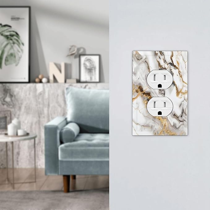 Luxurious Marble Abstract White Gold Tile Modern Simplicity Outlet Covers 1 Gang Duplex Light Switch Cover Decorative Switch Plates Electrical Receptacle Faceplate Wall Plate for Bathroom Kitchen Home