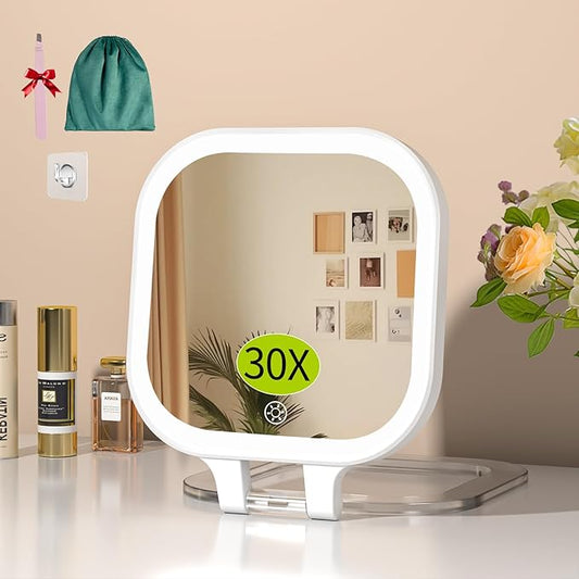 FUNTOUCH 30X Magnification Lighted Makeup Mirror,Double Sided Travel Vanity Mirror with Lights,Rechargeable 3 Color Lights & Adjustable Brightness, 300°Rotation, Foldable Portable for Christmas