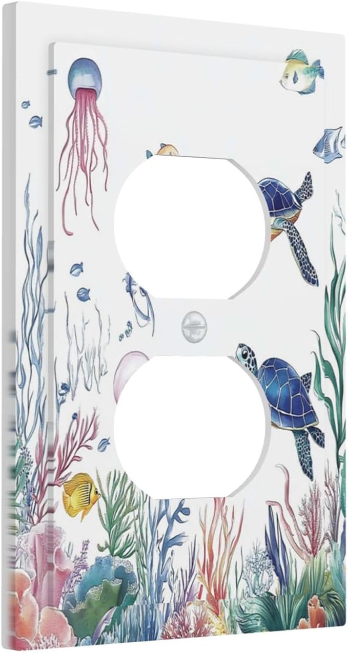 Blue Sea Turtle Ocean Fish Octopus Coral Outlet Covers 1 Gang Duplex Light Switch Cover Decorative Switch Plates Electrical Receptacle Faceplate Wall Plate For Bathroom Kids Room Decor