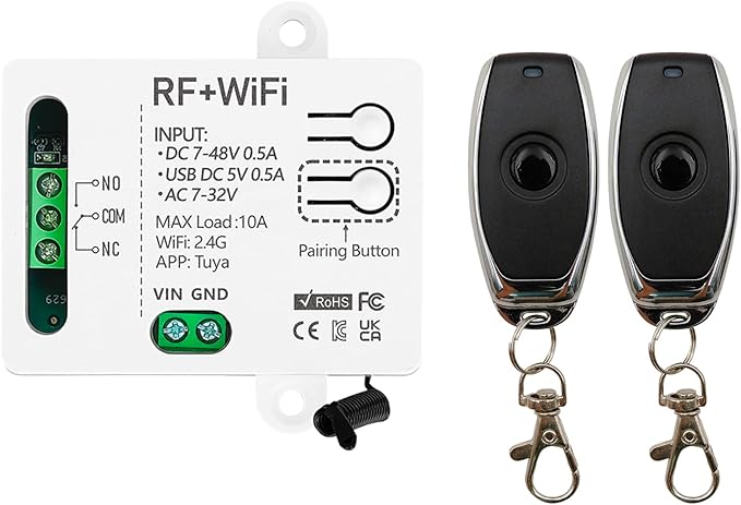 DieseRC Tuya 1 Channel WiFi Smart Switch, DC 5V 12V 24V 36V Passive Output Relay Module, with 2X RF Remote Control, Compatible with Alexa/Google Home