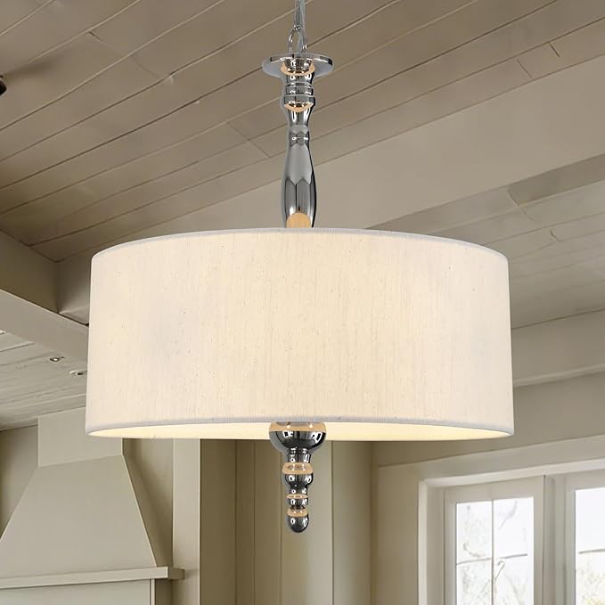 4-Light Drum Chandeliers, Drum Pendant Light Fixture Beige Linen Fabric Shade, Kitchen Chandeliers Over Table,Adjustable Hanging Light Fixture for Dining Room,Brushed Nickel