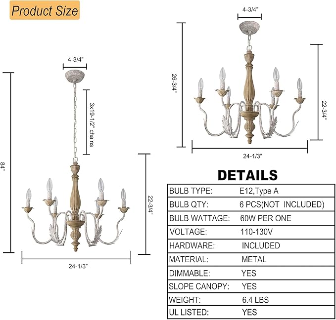 French Country Chandelier,6-Light Distressed Antique Brown Metal Farmhouse Chandelier for Dining Room Light Fixture Candle Pendant Light Fixtures Hanging for Kitchen Island Living Room Bedroom
