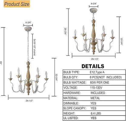 French Country Chandelier,6-Light Distressed Antique Brown Metal Farmhouse Chandelier for Dining Room Light Fixture Candle Pendant Light Fixtures Hanging for Kitchen Island Living Room Bedroom